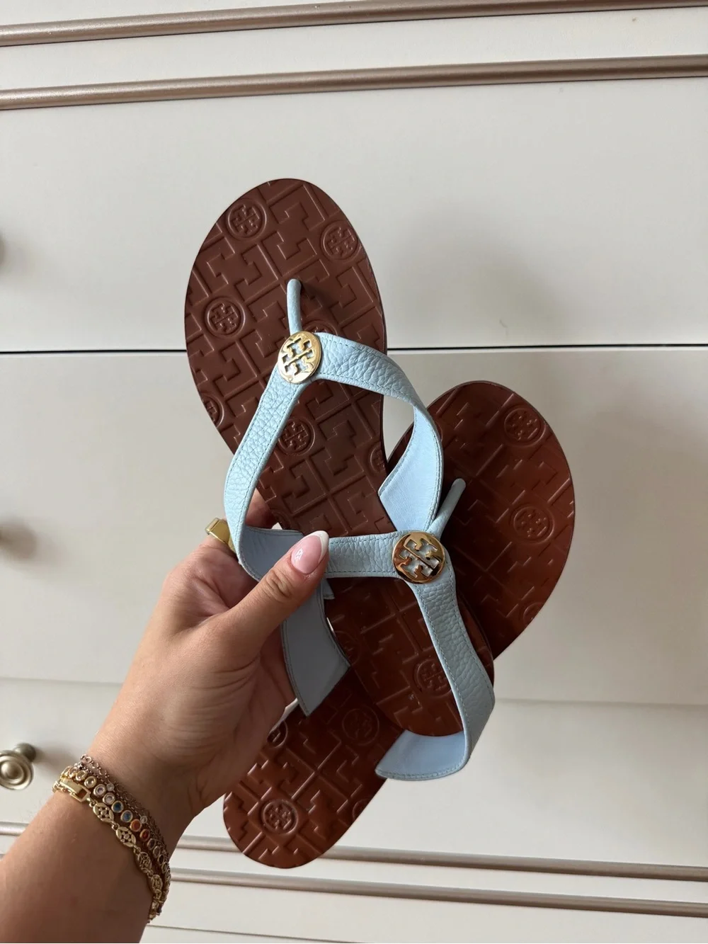 Tory Burch Light Blue Leather Logo Thong Sandals